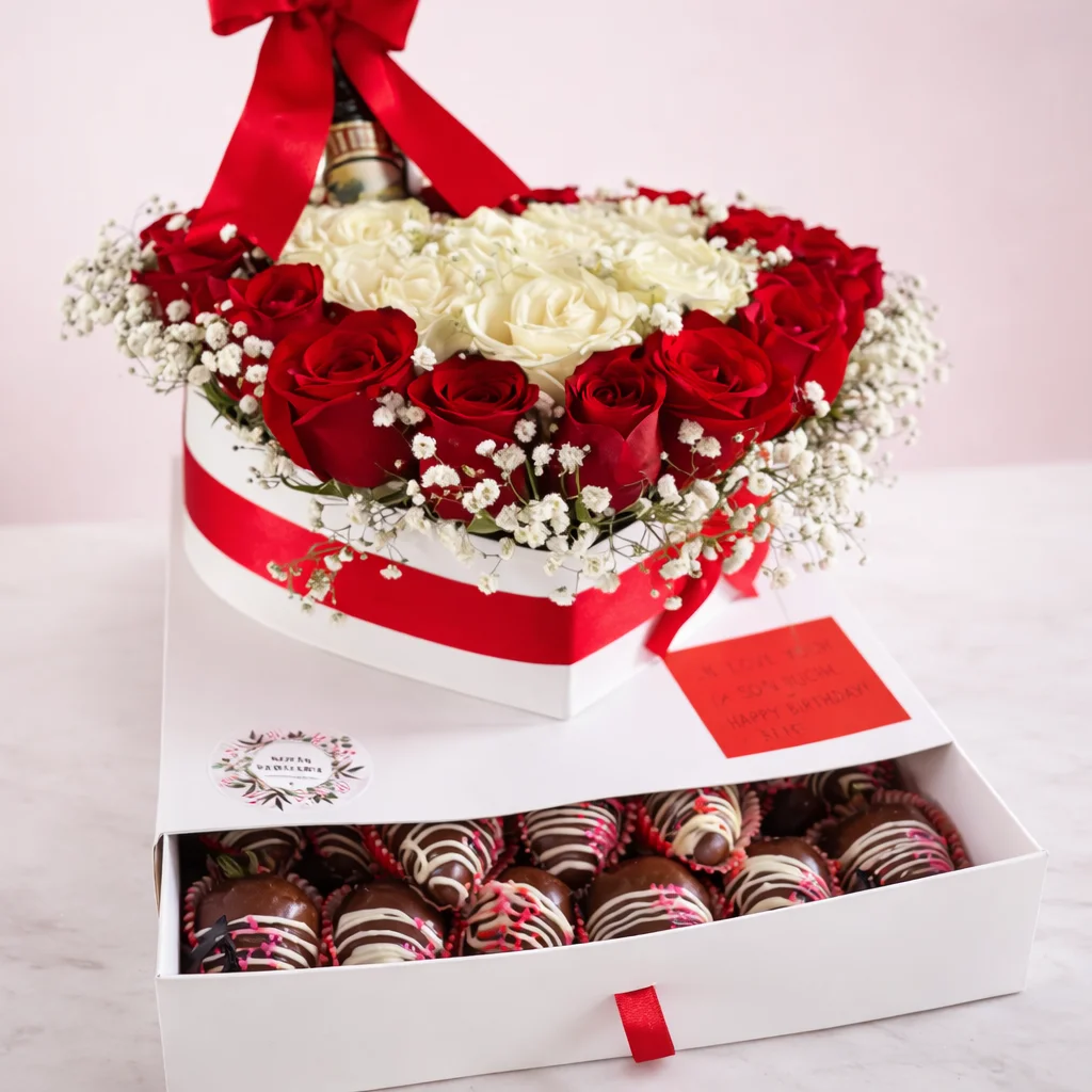 Ancheta de amor con flores, chocolates y vino